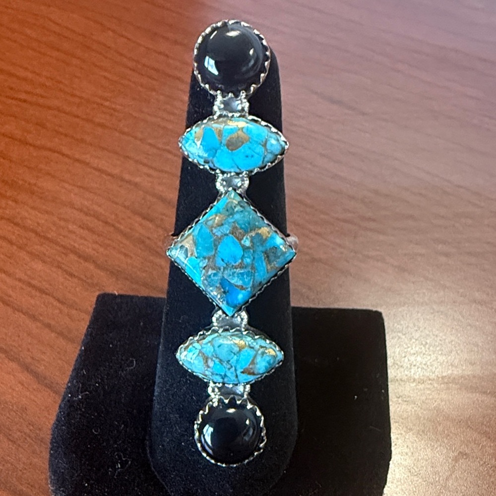 New 925 Sterling Silver Turquoise, Onyx Bar Ring - Size 6.5 Absolute Stunner!!